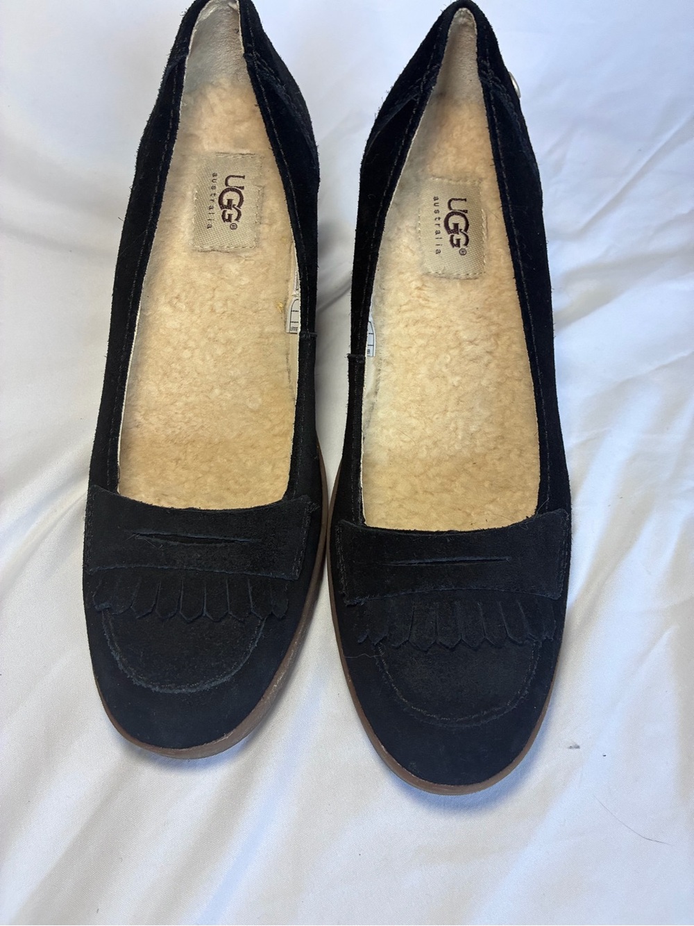 UGG Black Suede Sheepskin Lined Wedge Loafers with Brown Wedge - Picture 2 of 5